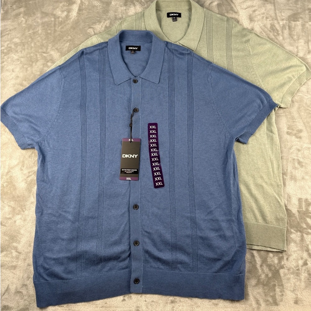DKNY Button Front Sweater Mens XXL Regular Blue Green Ribbed Short Sleeve NEW